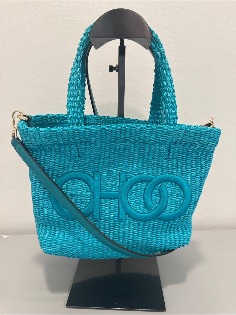 Jimmy Choo Turquoise Woven raffia Tote with Detachable Strap